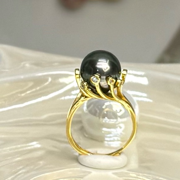 RPT2Genuine 11mm Australian PEACOCK Tahitian Pearl Flower Ring 18K Y Gold S925